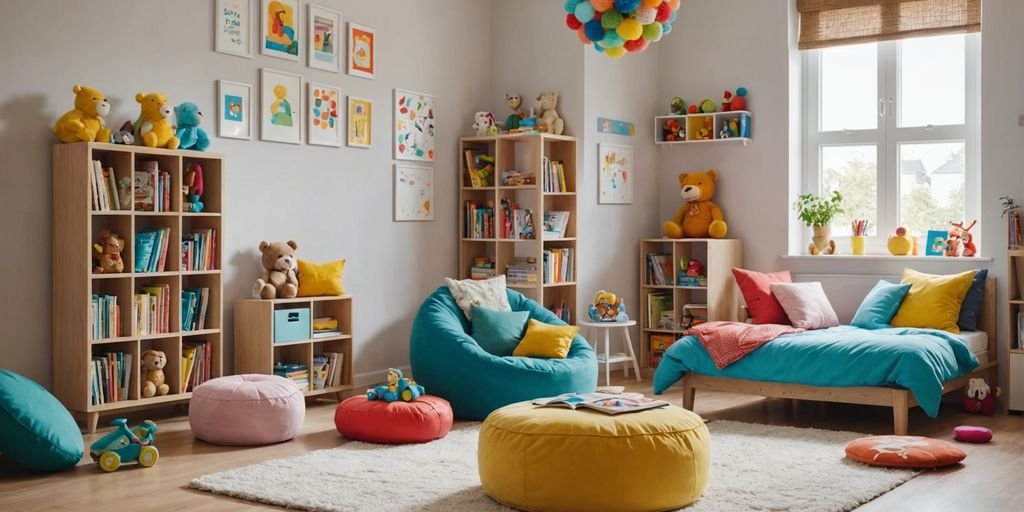 Colorful kids cushions in a cozy small room.